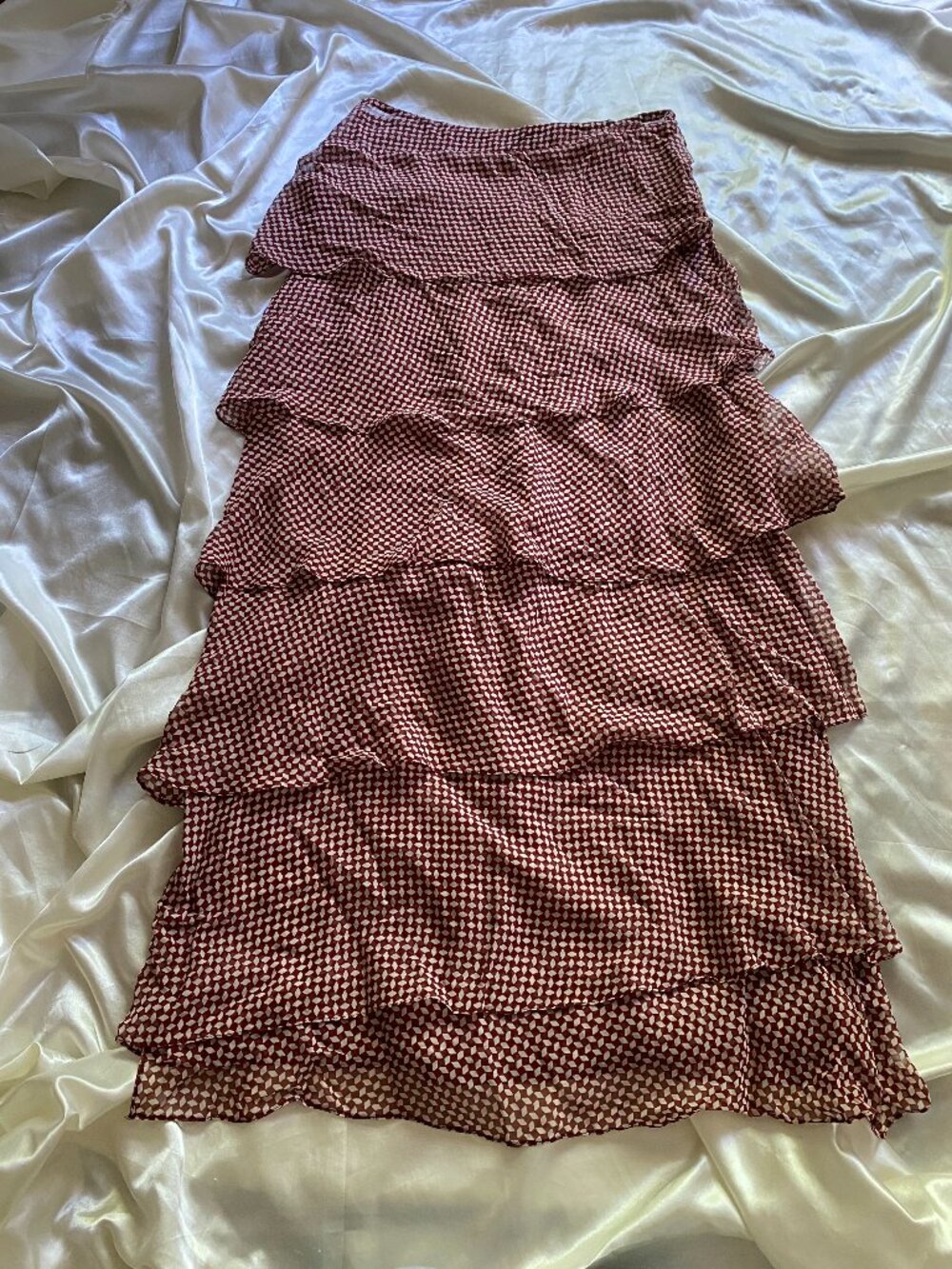 Vintage 1990s Yeohlee 100% Silk Chiffon Tiered Red Checked Maxi Skirt 6